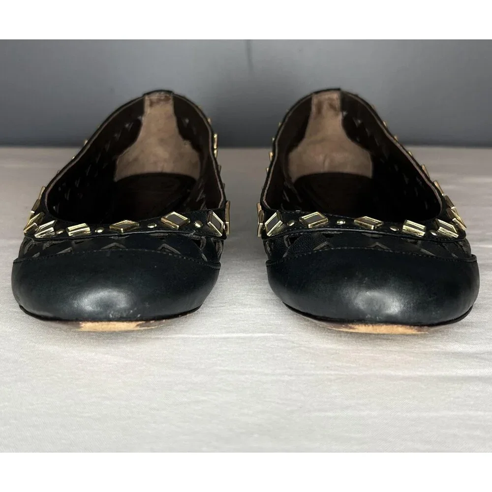 Tory Burch Shoes Womens 7 Black Kingsbridge Leather Ballet Flats Mirrored Cutout
